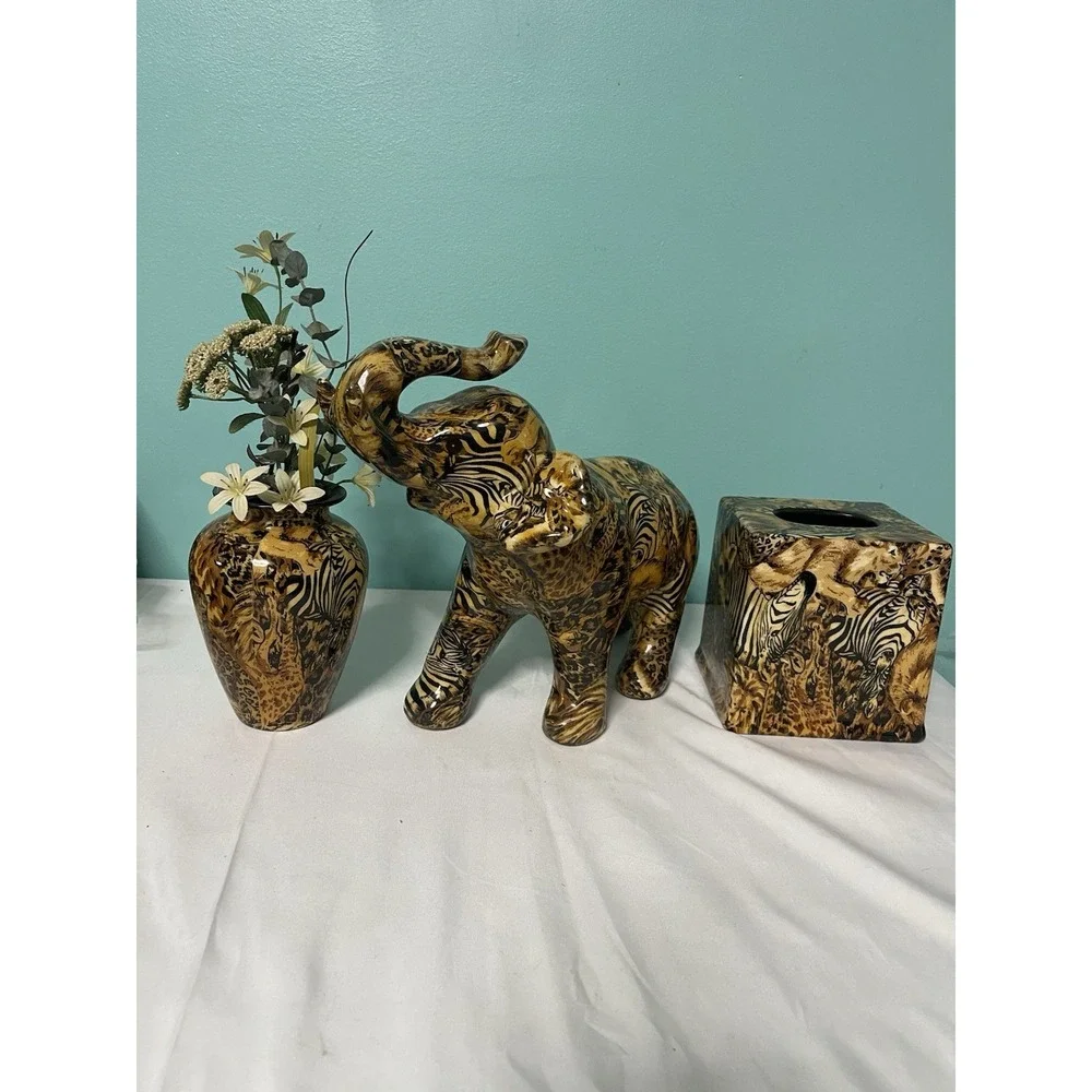 VTG La‎ Vie 3 Piece Elephant, Vase, Tissue HolderSafari Patchwork Glazed Ceramic